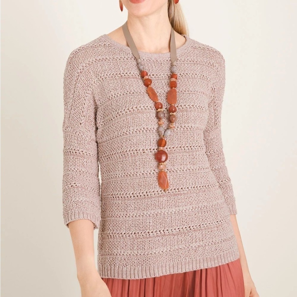 Chicos Shine Stitch Detail Pullover Sweater in Pink Mid Sleeve Crewneck Shirt LG